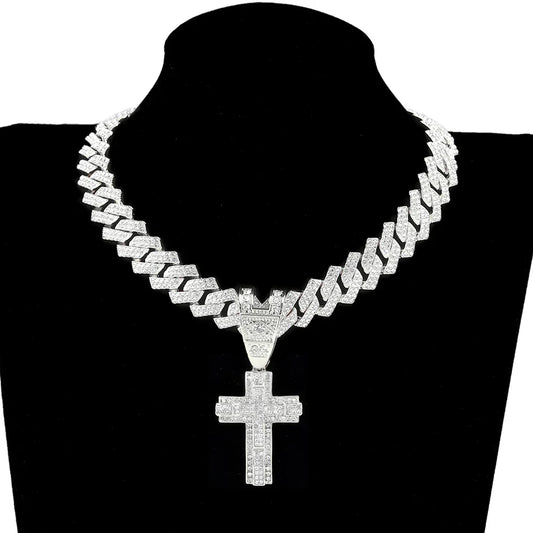 Men & Women Shiny Cross Pendant Necklace with Miami Cuban Chain Link