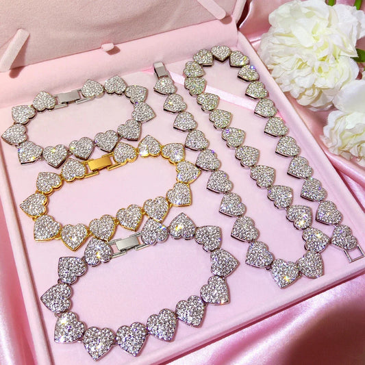 Bling Luxury Paved Crystal Heart Cuban Link Chain Necklace