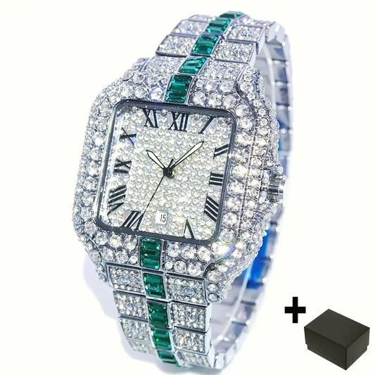 UNIGUET Full Diamond Iced-Out Watch – Square Quartz Hip Hop Wristwatch for Men