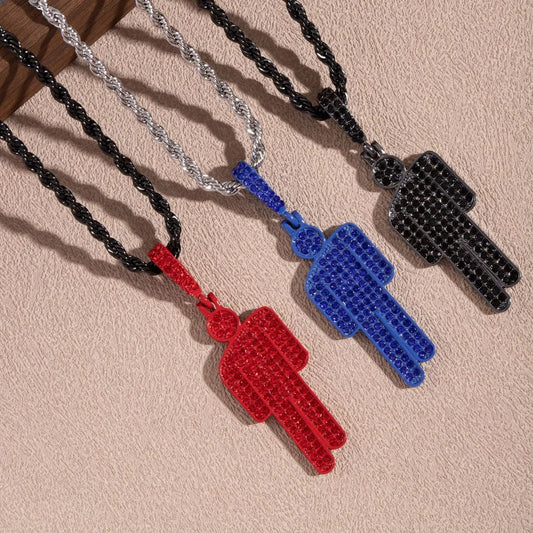 Off-Center Rhinestone Cartoon Pendant Necklace – Trendy Hip-Hop Luxury Chain for Men & Women