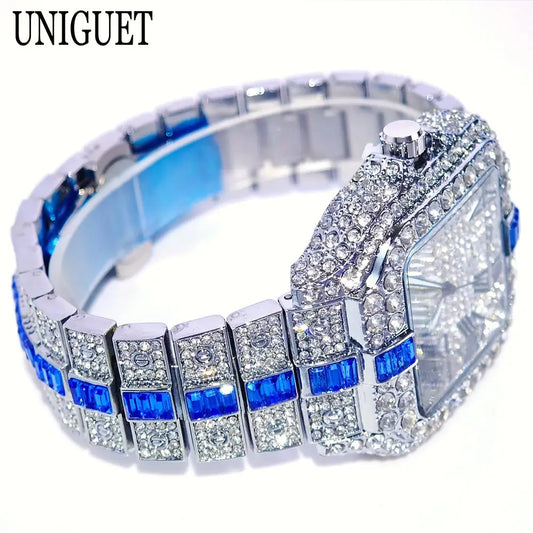 UNIGUET Full Diamond Iced-Out Watch – Square Quartz Hip Hop Wristwatch for Men